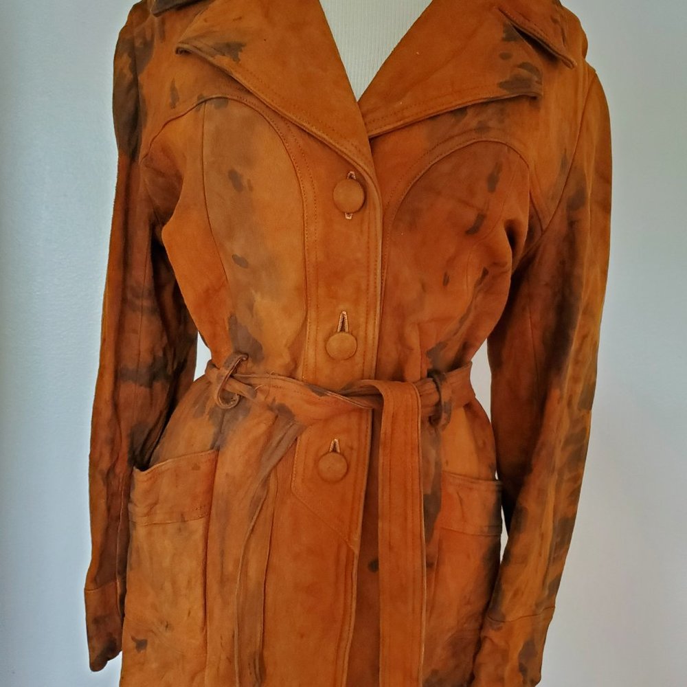 Leather suede Jacket trench coat vintage hippie brown black western retro medium